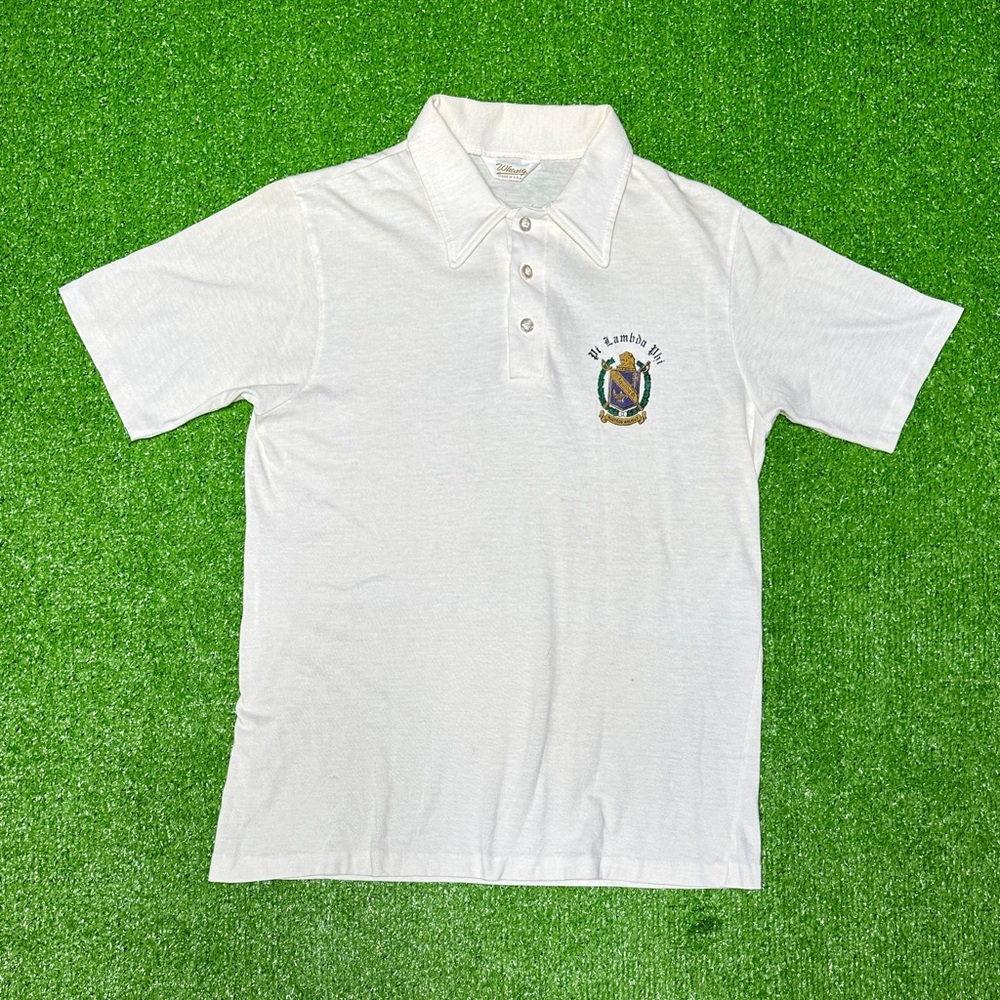 Vintage Whang Pi Lambda Phi Polo Shirt Mens Small Single Stitched Cream USA MADE